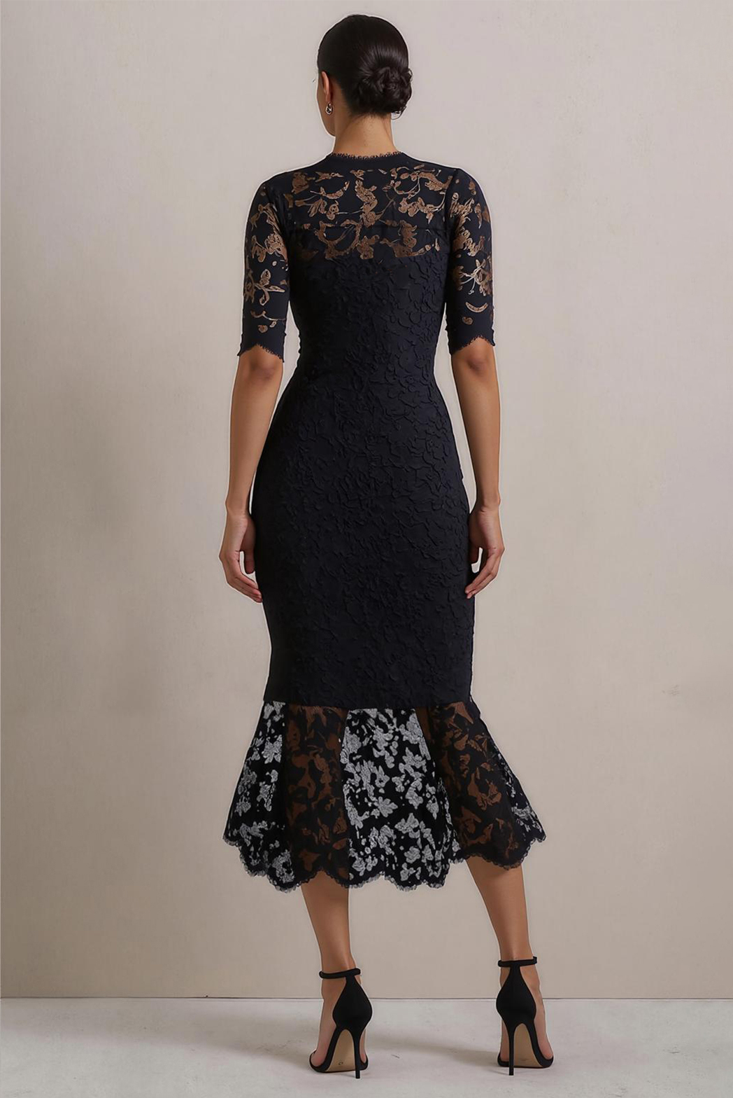 Cocktail Dress Black Crew Neck Midi Lace Dress