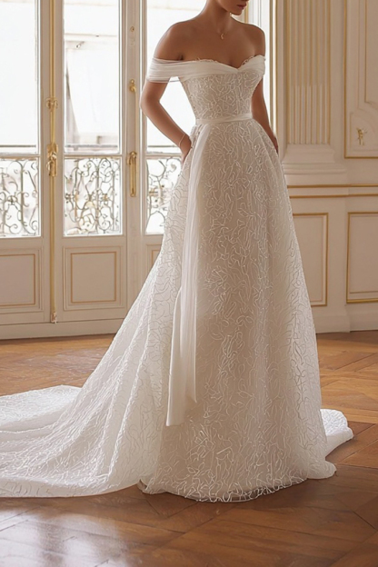 Formal ​Wedding Dress White Off Shoulder Maxi Lace Dress
