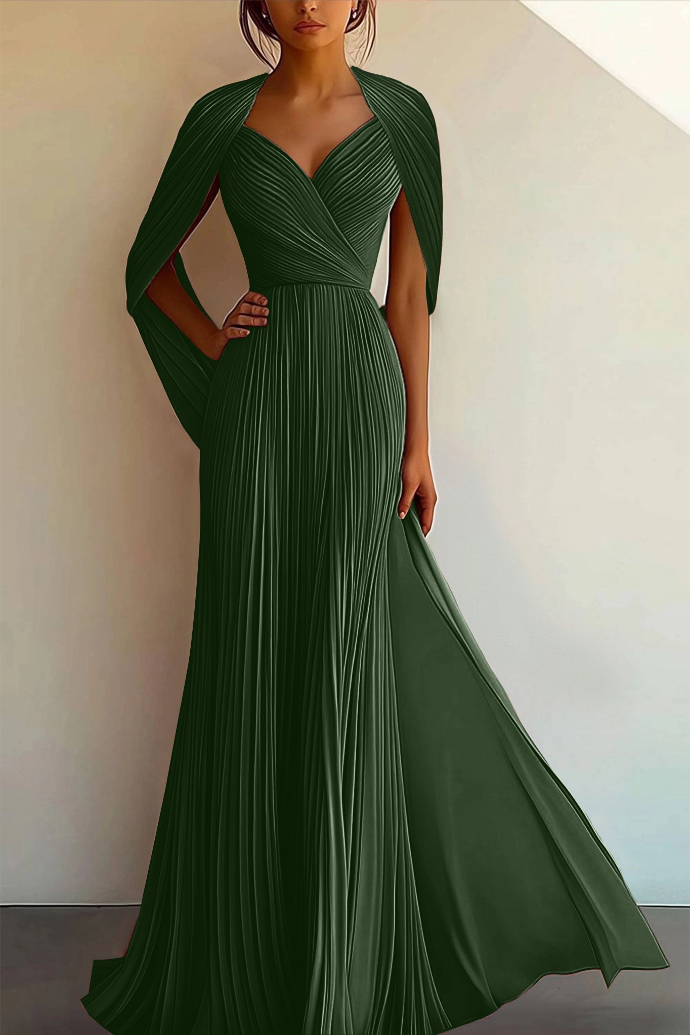 Party Prom Dress Pleated Cross V-neck Cape Sleeve Maxi Gown