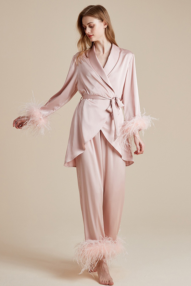 Bridal Bridesmaid Pajama Set Pink V Neck Feather Outfit 3 Piece