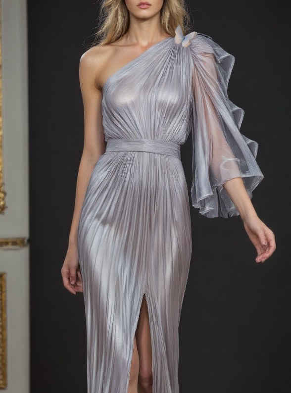 Elegant Party Dress Grey Blue One Shoulder Bow High Slit Maxi Dress