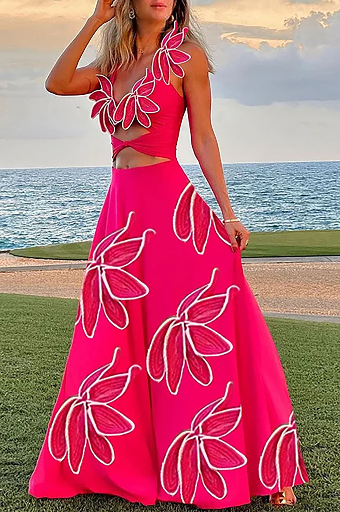 Rose Red 3D Petal Strap One-Piece Swimsuit and Cover-Up