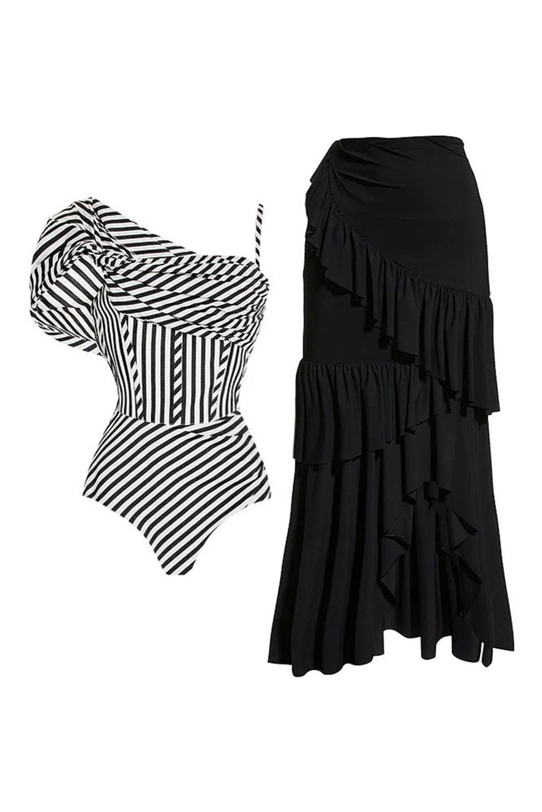 Black and White Striped One-Piece Swimsuit and Cake Skirt Cover-Up