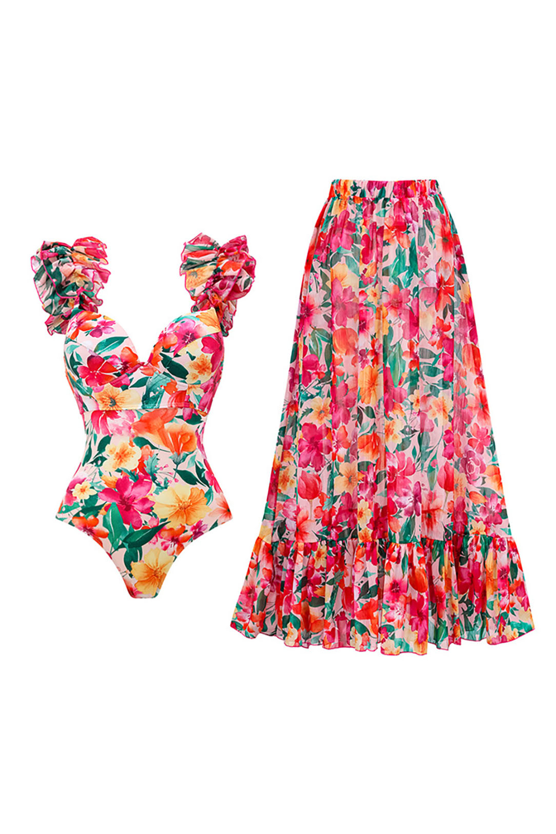 3D Printed Backless Ruffled Suspender One-Piece Swimsuit and Cover-Up