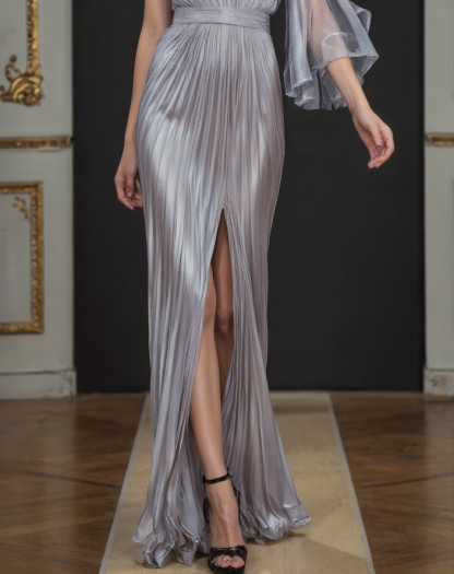 Elegant Party Dress Grey Blue One Shoulder Bow High Slit Maxi Dress