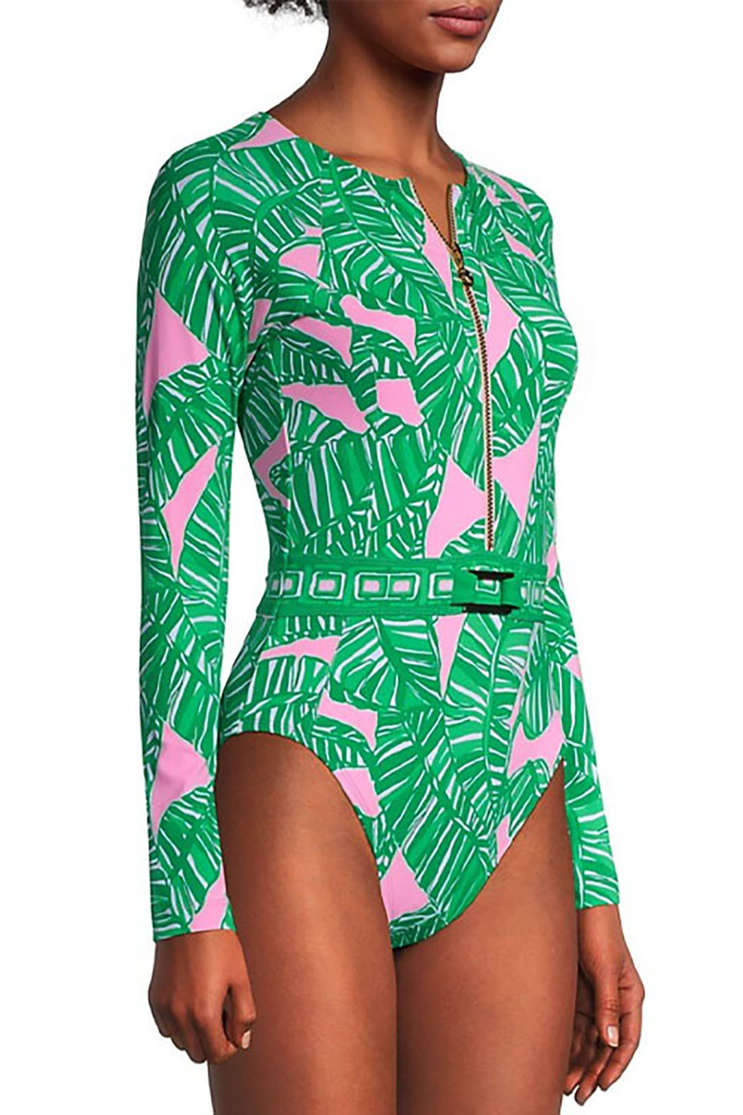 Long-Sleeved Zipper Green Printed One-Piece Swimsuit and Shorts