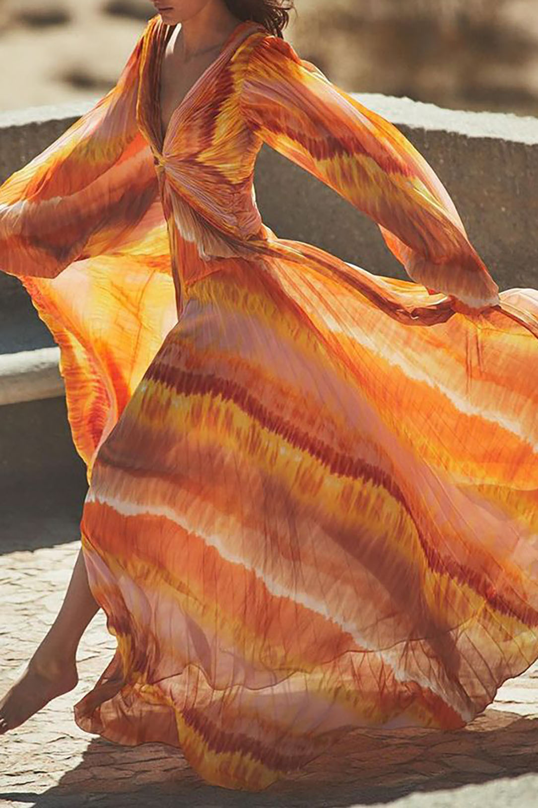 Deep V-Neck Yellow Long-Sleeved Printed One-Piece Swimsuit and Cover-Up