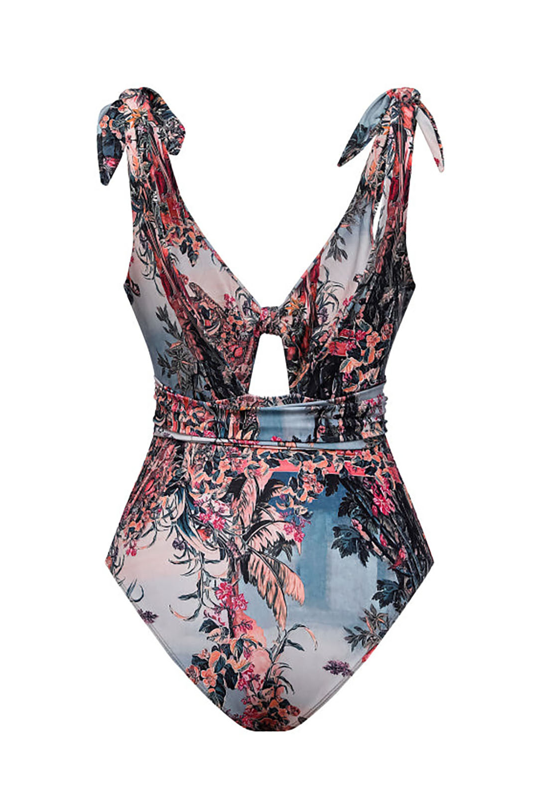 Tie-Up Hollow Vintage Print One-Piece Swimsuit and Trousers
