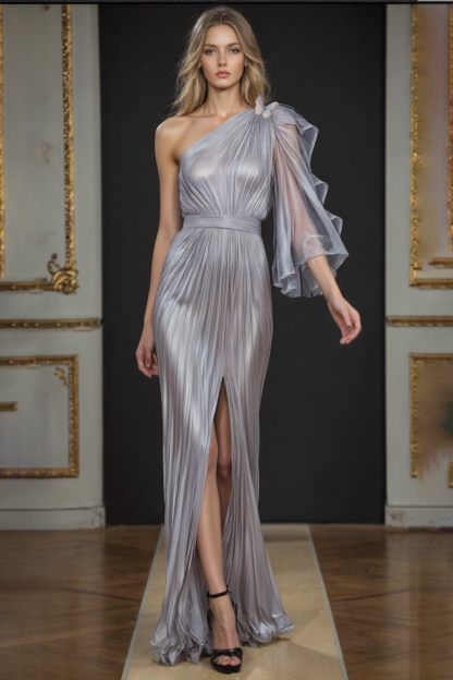 Elegant Party Dress Grey Blue One Shoulder Bow High Slit Maxi Dress