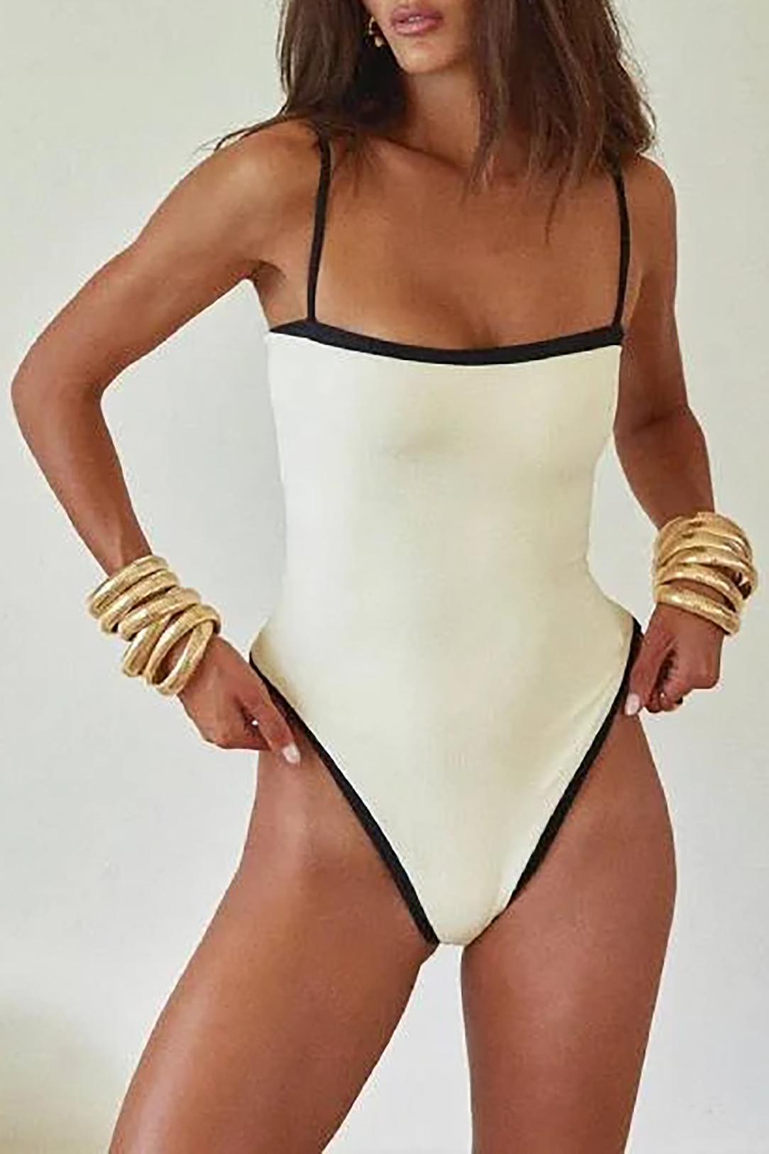 Black and White Lines Suspender One-Piece Swimsuit