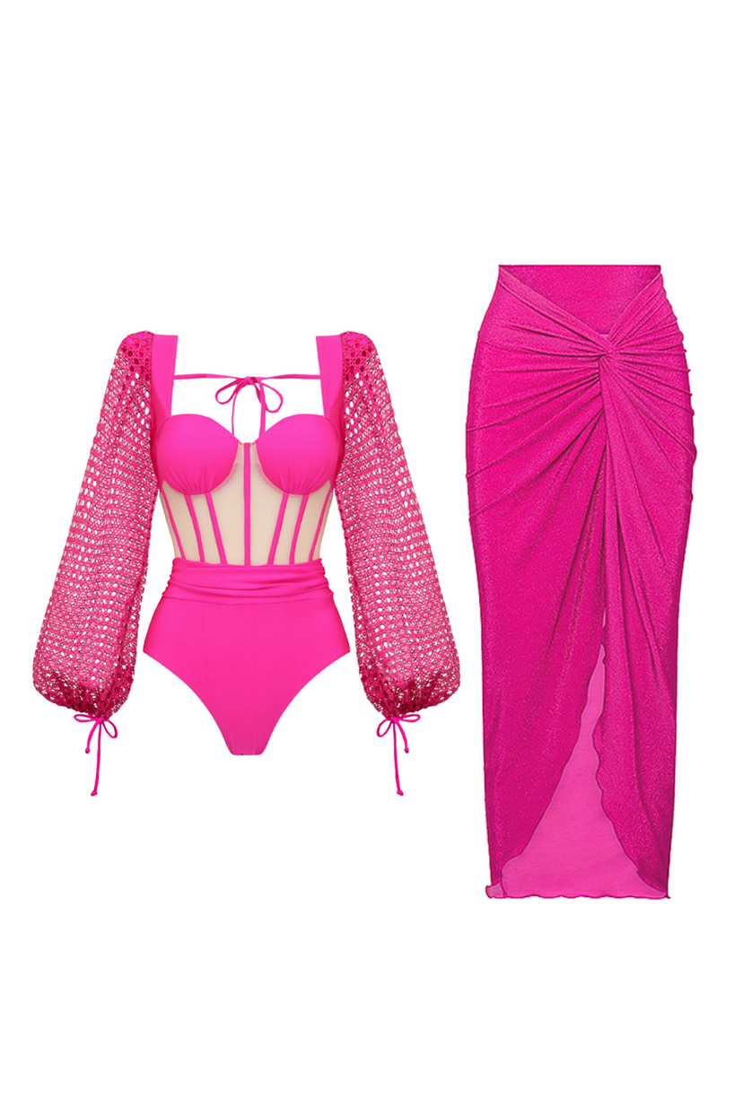 Hollow-Out Long-Sleeved Herringbone One-Piece Swimsuit and Cover-Up