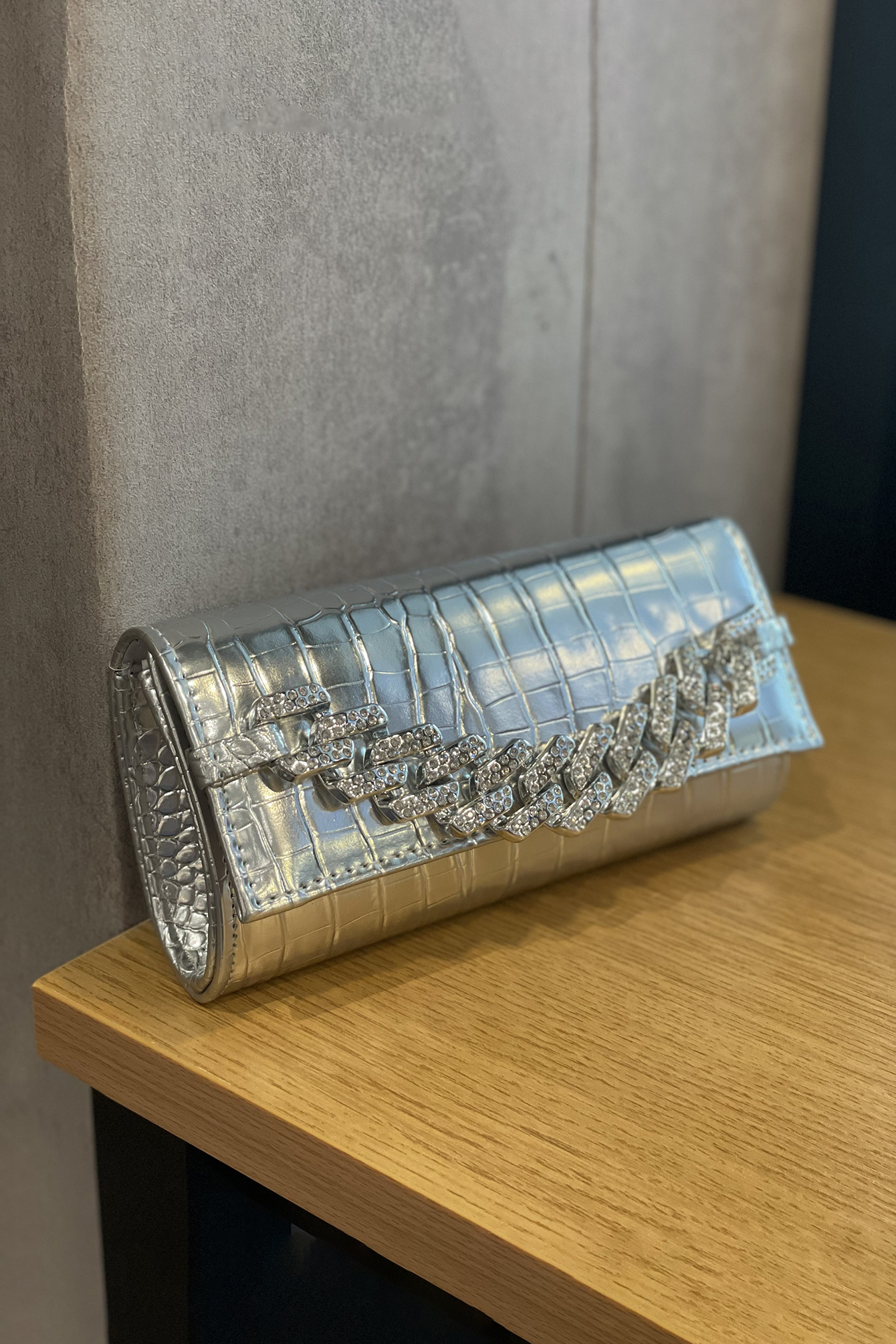 Crocodile Pattern Clutch Bag Shiny PU Cuban Chain Party Dinner Bag