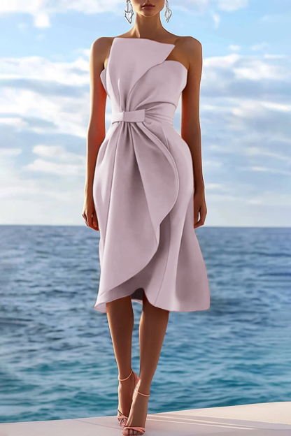 Cocktail Party Strapless Dress Orange Bow Pleated Knee-Length Dress