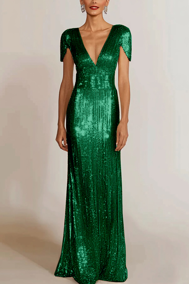 Holiday Party Gold V-Neck Sequins Maxi Dress