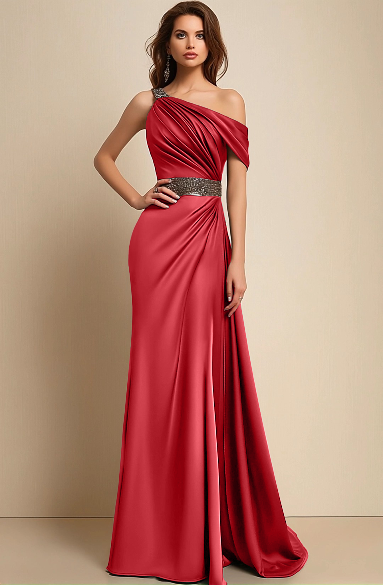 Formal Dress Green One-Shoulder Rhinestone Waist Belt Floor-Length Dre