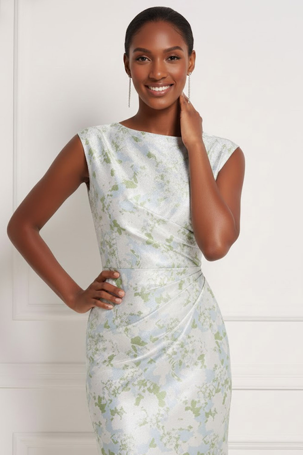 Light Blue Floral Wedding Guest Dress Sheath Crew Neck Maxi Dress 