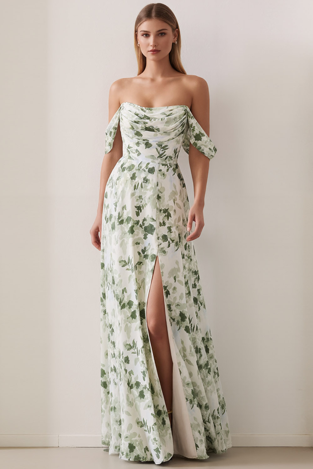 Green Floral Wedding Guest Dress Off the Shoulder Maxi Dress with Slit