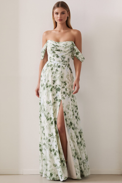 Green Floral Wedding Guest Dress Off the Shoulder Maxi Dress with Slit
