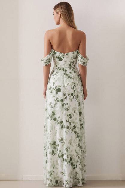 Green Floral Wedding Guest Dress Off the Shoulder Maxi Dress with Slit