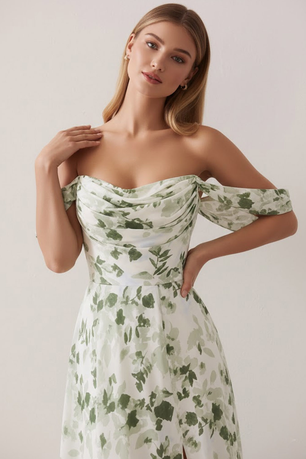 Green Floral Wedding Guest Dress Off the Shoulder Maxi Dress with Slit