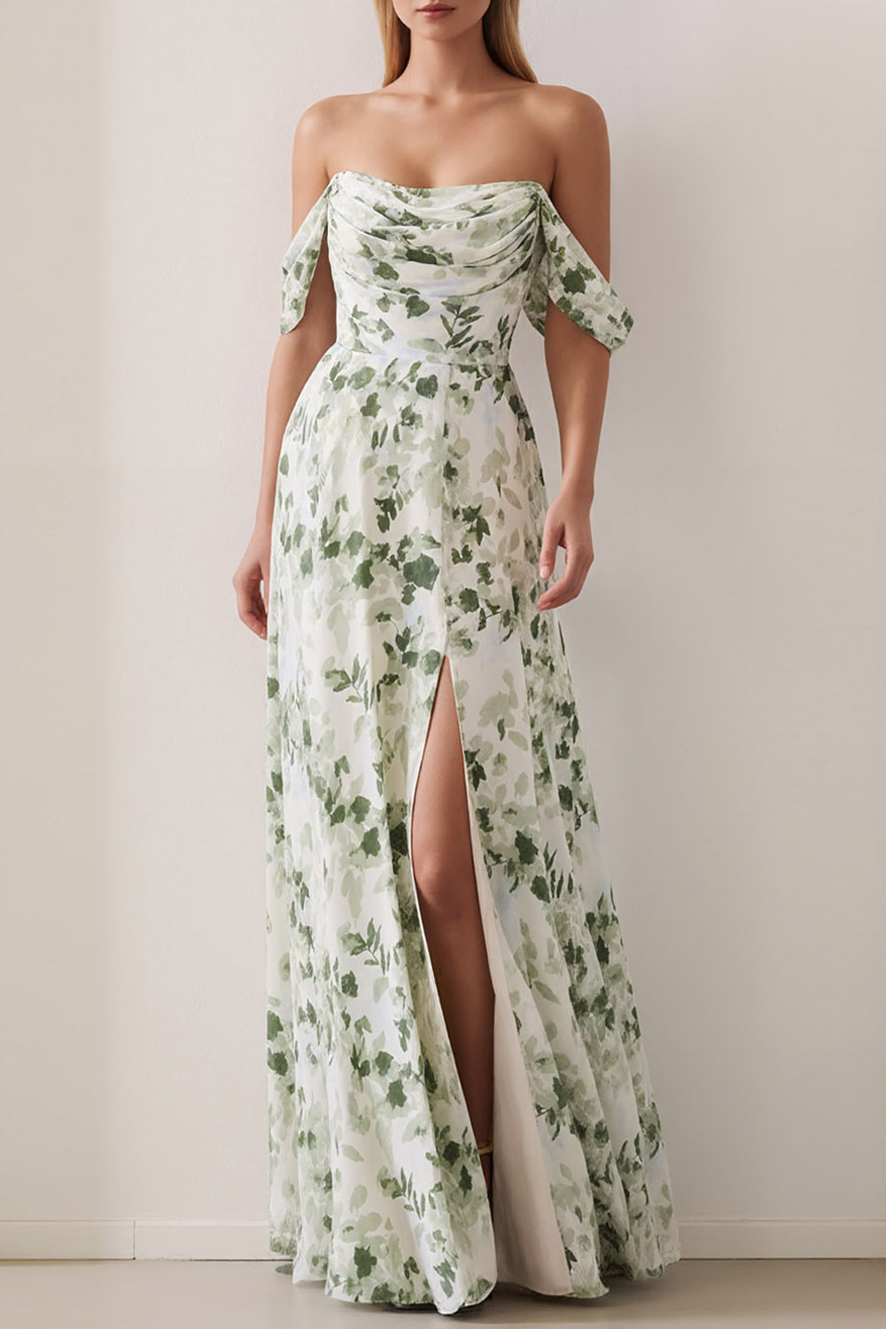 Green Floral Wedding Guest Dress Off the Shoulder Maxi Dress with Slit