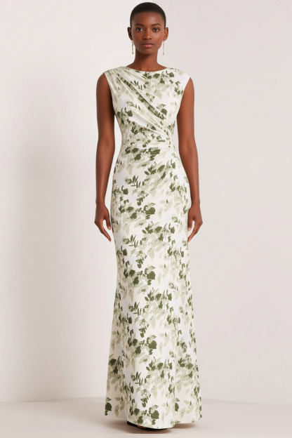 Green Floral Wedding Guest Dress Sheath Crew Neck Maxi Dress 