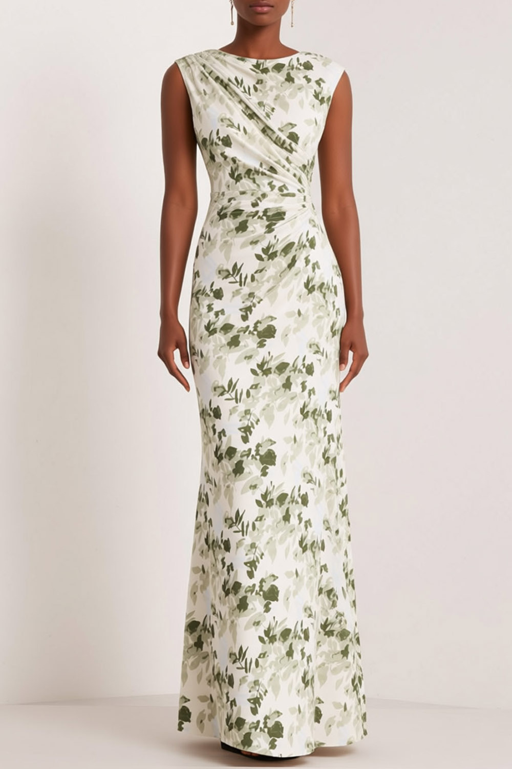 Green Floral Wedding Guest Dress Sheath Crew Neck Maxi Dress 