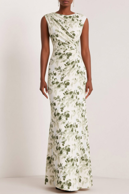 Green Floral Wedding Guest Dress Sheath Crew Neck Maxi Dress 
