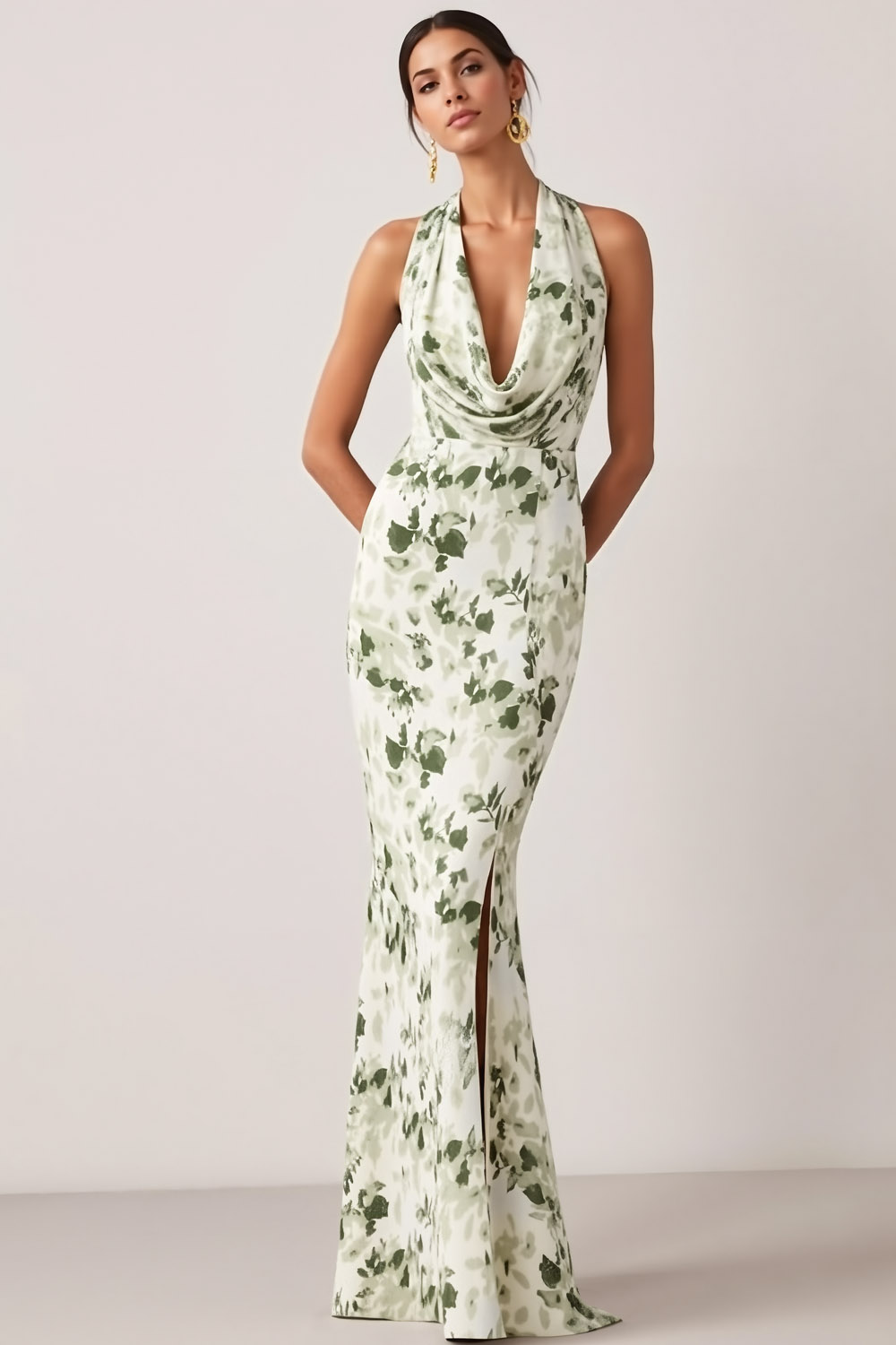 Green Floral Wedding Guest Dress Mermaid Cowl Neck Maxi Dress