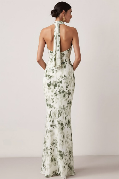 Green Floral Wedding Guest Dress Mermaid Cowl Neck Maxi Dress 