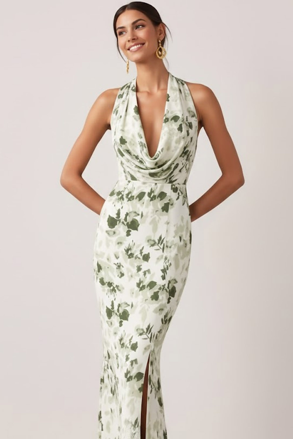 Green Floral Wedding Guest Dress Mermaid Cowl Neck Maxi Dress 