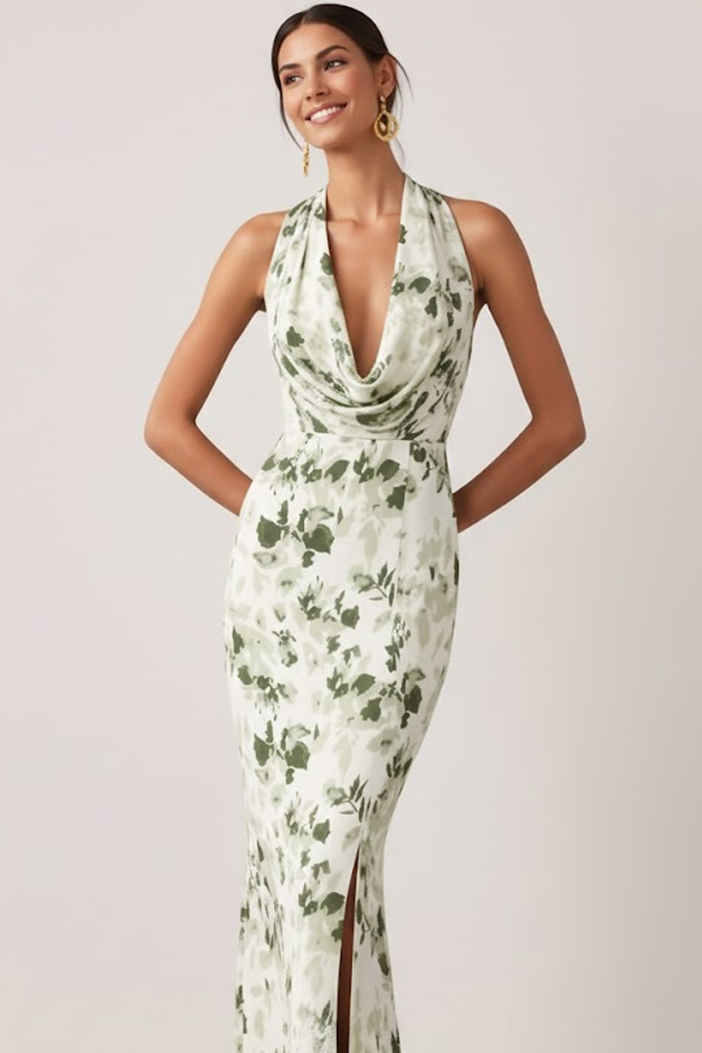 Green Floral Wedding Guest Dress Mermaid Cowl Neck Maxi Dress 
