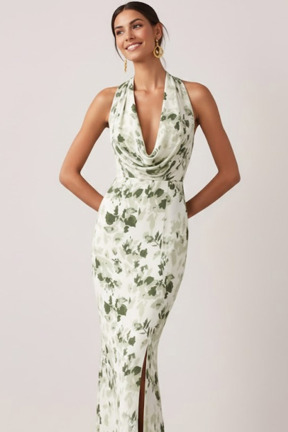 Green Floral Wedding Guest Dress Mermaid Cowl Neck Maxi Dress 