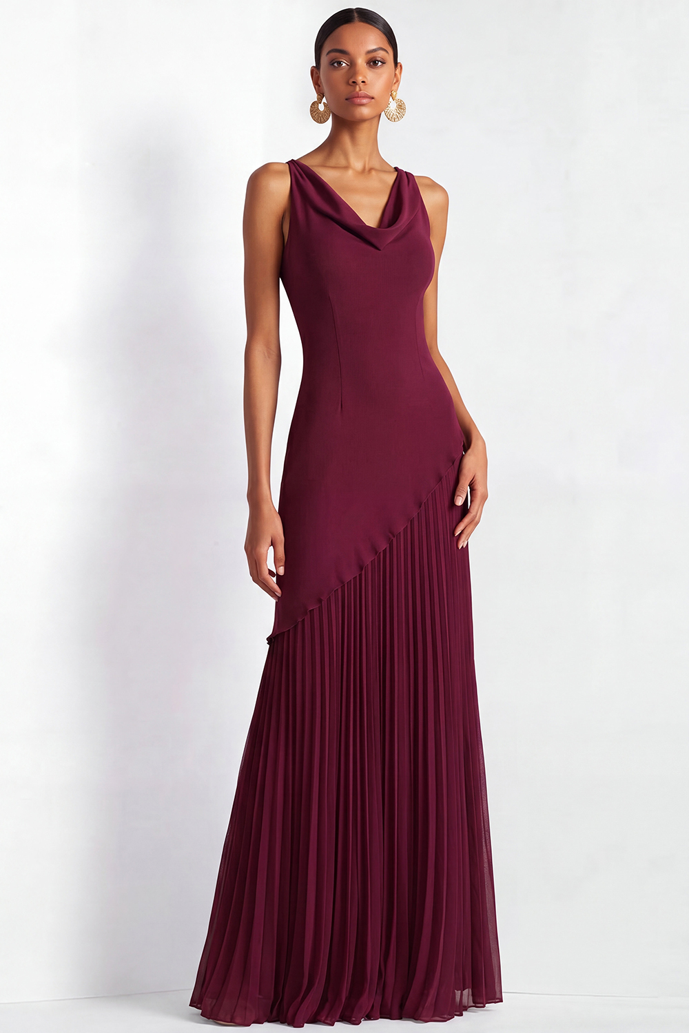 Burgundy Formal ​Wedding Bridesmaid Dress Cowl Neck Maxi Dress 