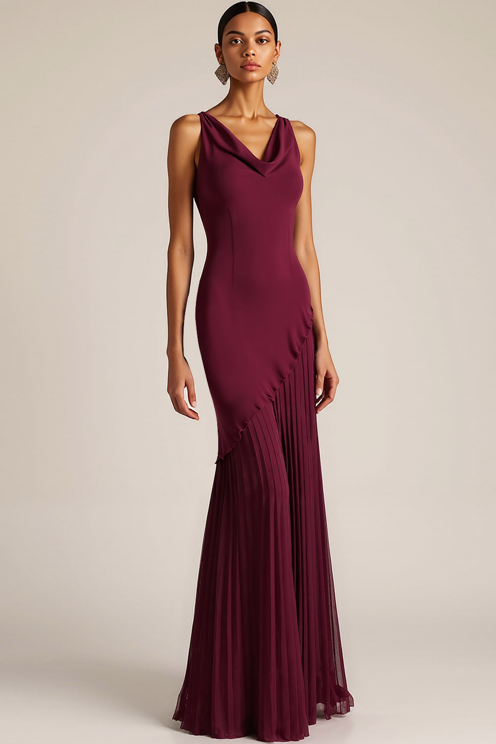 Burgundy Formal ​Wedding Bridesmaid Dress Cowl Neck Maxi Dress 