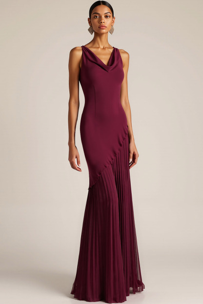 Burgundy Formal ​Wedding Bridesmaid Dress Cowl Neck Maxi Dress 