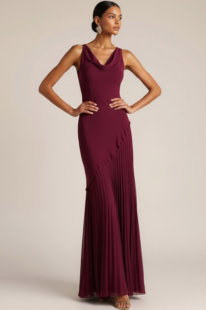 Burgundy Formal ​Wedding Bridesmaid Dress Cowl Neck Maxi Dress 