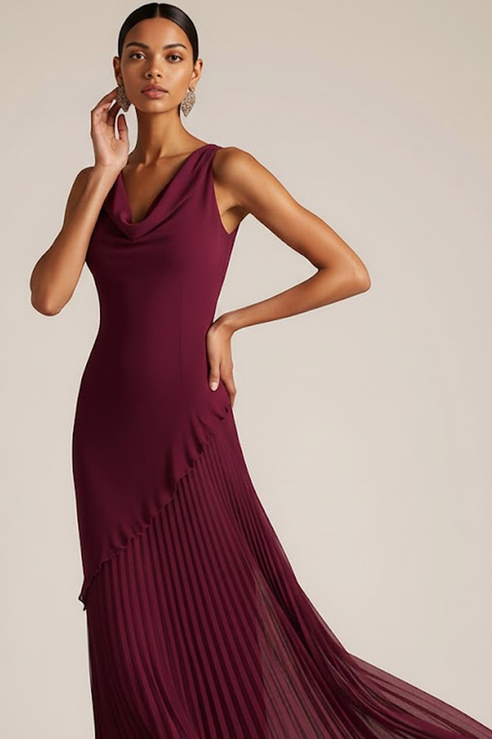 Burgundy Formal ​Wedding Bridesmaid Dress Cowl Neck Maxi Dress 