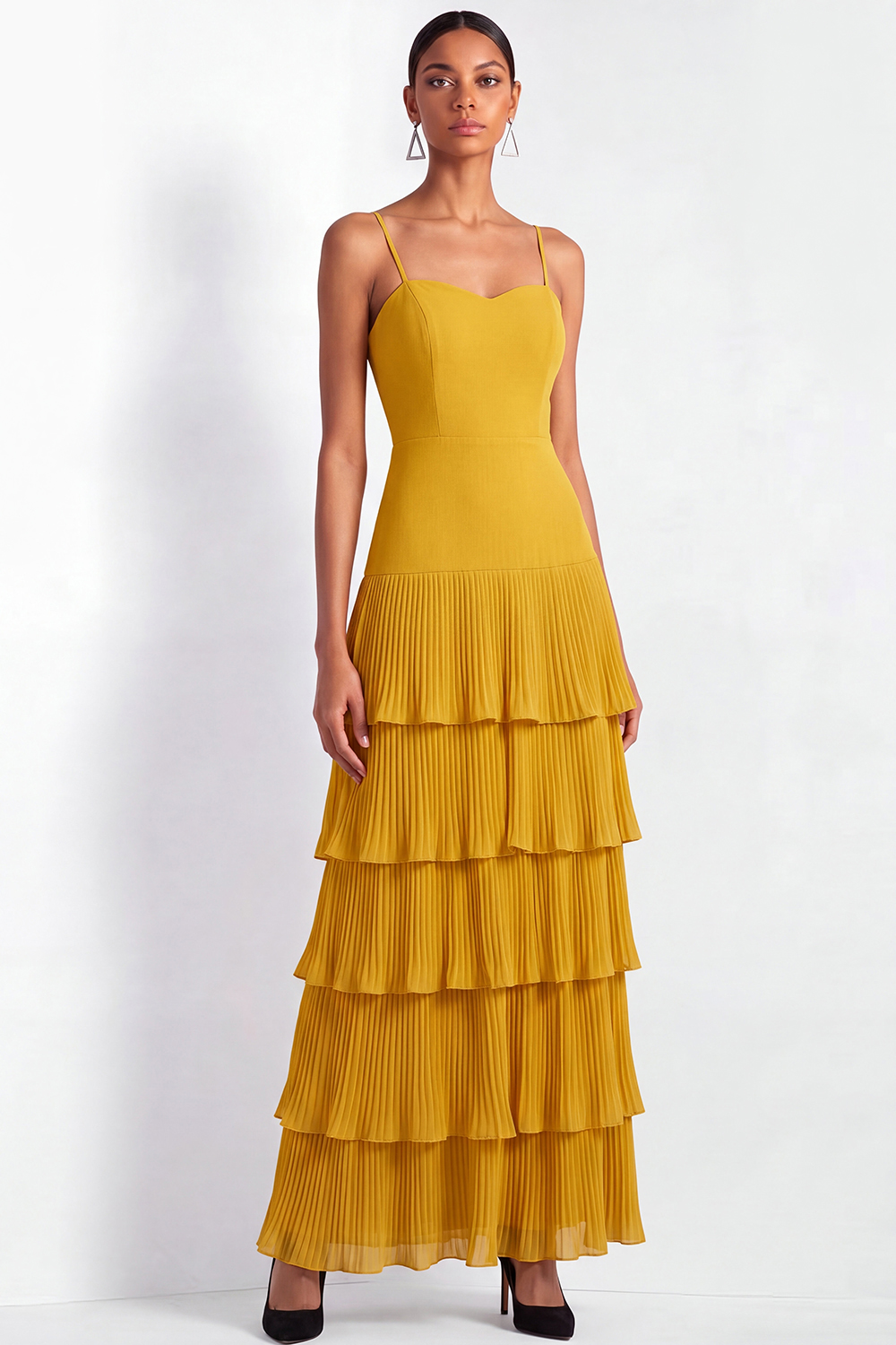 Dark Yellow ​Wedding Bridesmaid Dress Spaghetti Straps Tiered Tulle Maxi Dress 