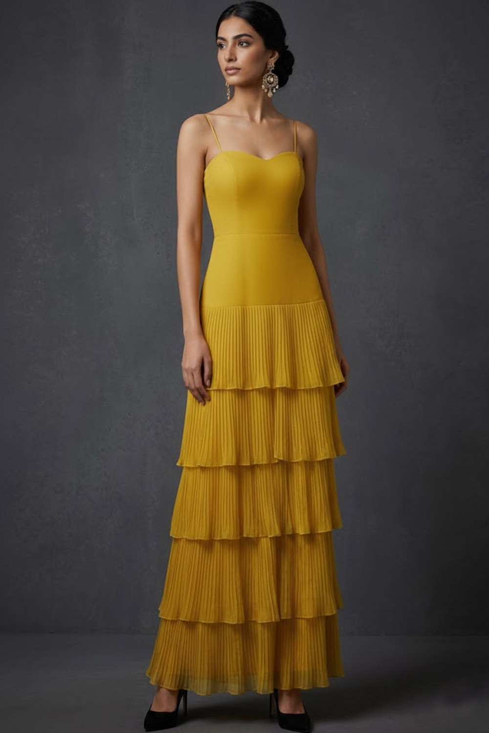 Dark Yellow ​Wedding Bridesmaid Dress Spaghetti Straps Tiered Tulle Maxi Dress 
