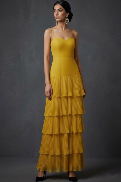 Dark Yellow ​Wedding Bridesmaid Dress Spaghetti Straps Tiered Tulle Maxi Dress 