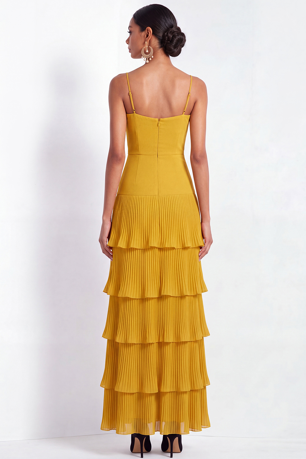 Dark Yellow ​Wedding Bridesmaid Dress Spaghetti Straps Tiered Tulle Maxi Dress 