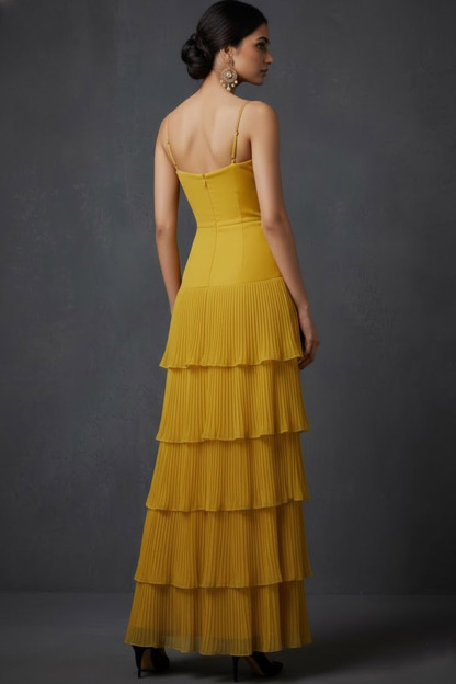 Dark Yellow ​Wedding Bridesmaid Dress Spaghetti Straps Tiered Tulle Maxi Dress 