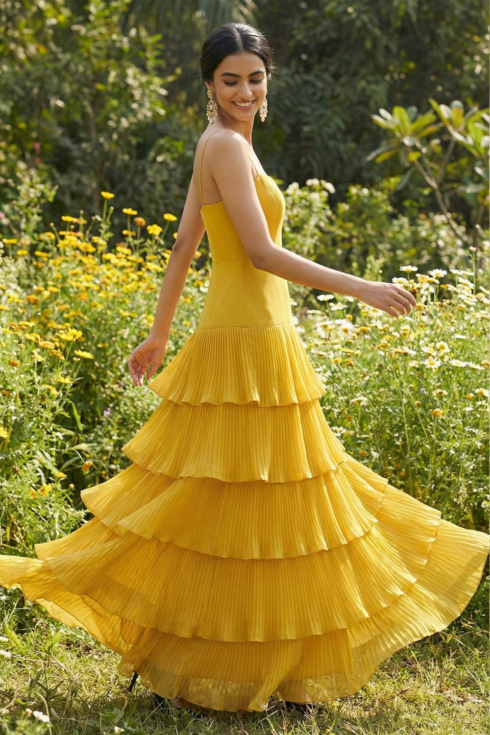 Dark Yellow ​Wedding Bridesmaid Dress Spaghetti Straps Tiered Tulle Maxi Dress 