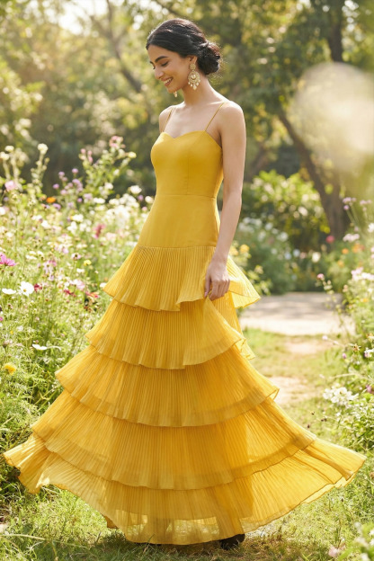 Dark Yellow ​Wedding Bridesmaid Dress Spaghetti Straps Tiered Tulle Maxi Dress 