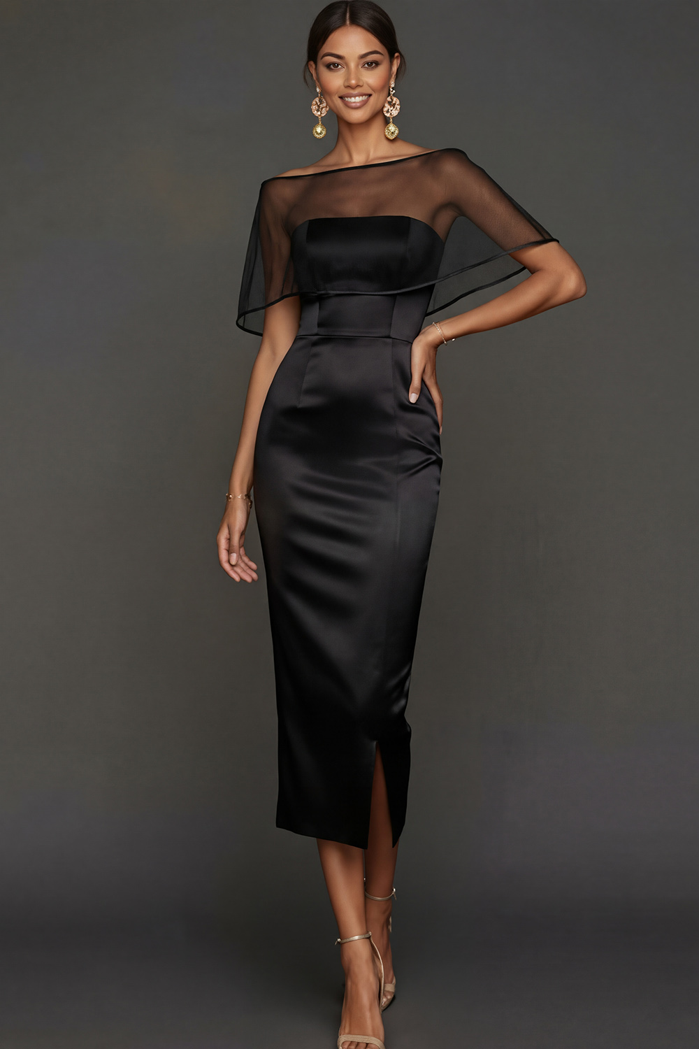 Champagne Wedding Bridesmaid Dress Strapless Satin Midi Dress with Cape