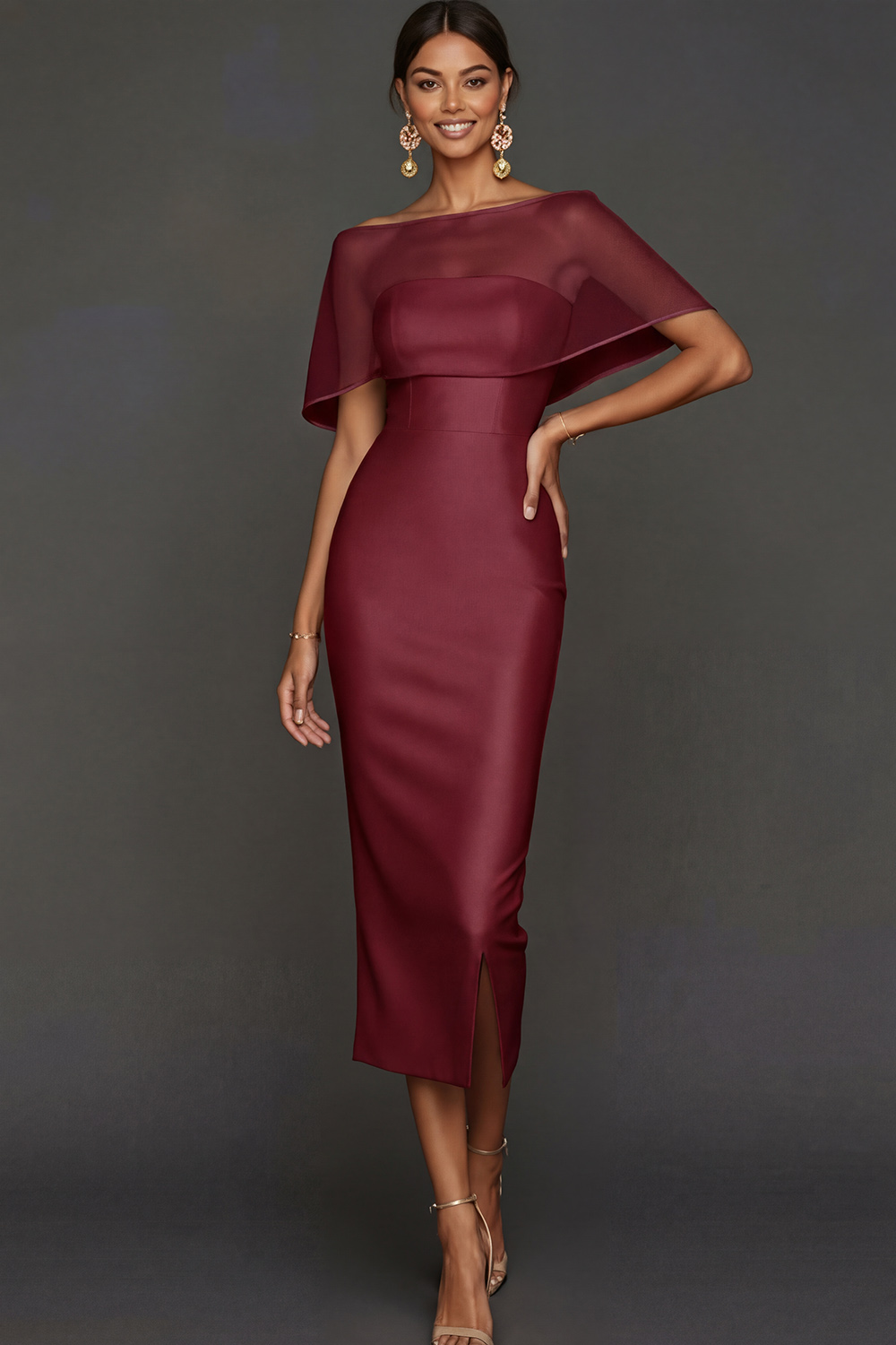 Champagne Wedding Bridesmaid Dress Strapless Satin Midi Dress with Cape