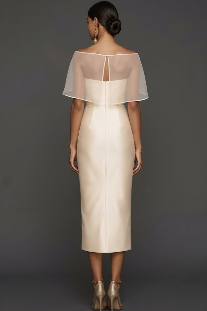 Champagne Wedding Bridesmaid Dress Strapless Satin Midi Dress with Cape