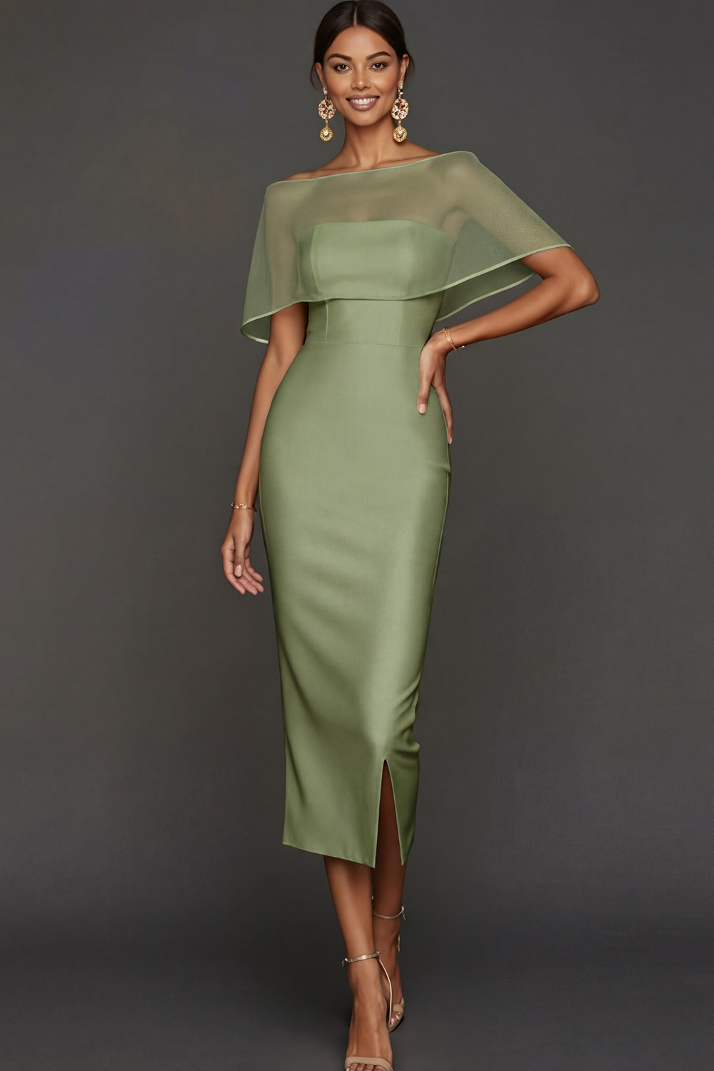 Champagne Wedding Bridesmaid Dress Strapless Satin Midi Dress with Cape