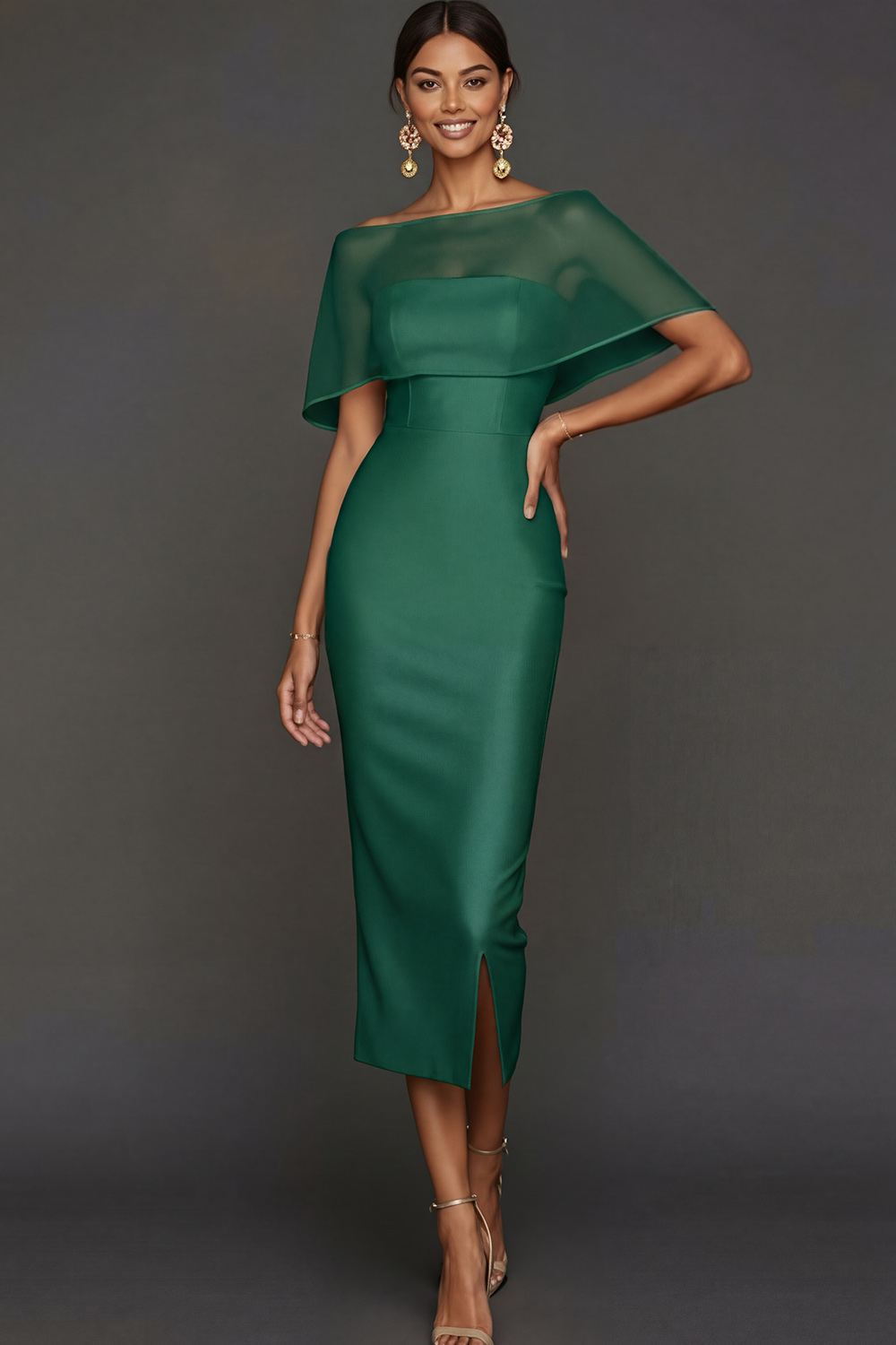 Champagne Wedding Bridesmaid Dress Strapless Satin Midi Dress with Cape